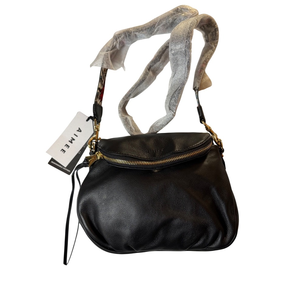 Aimee Kestenberg Crossbody Bag Black Leather Floral Strap Dual Entry Small OS